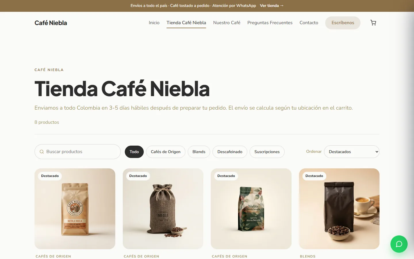 La tienda de Café Niebla, una de las webs de muestra